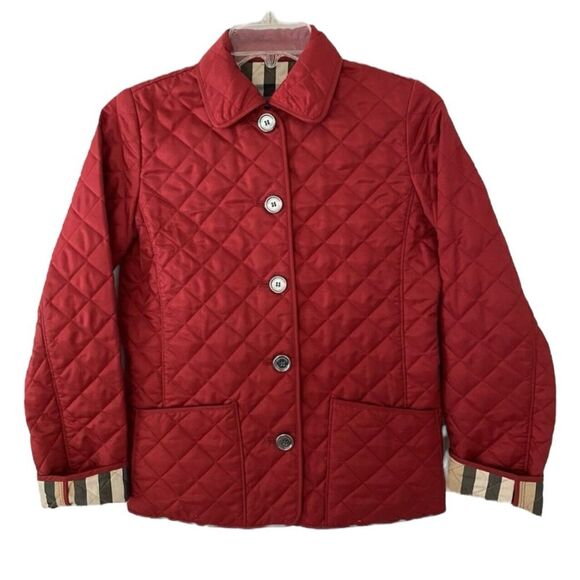 BURBERRY Quilted Jacket Girls Size 12 Red Nova Check Lined Button Front Coat